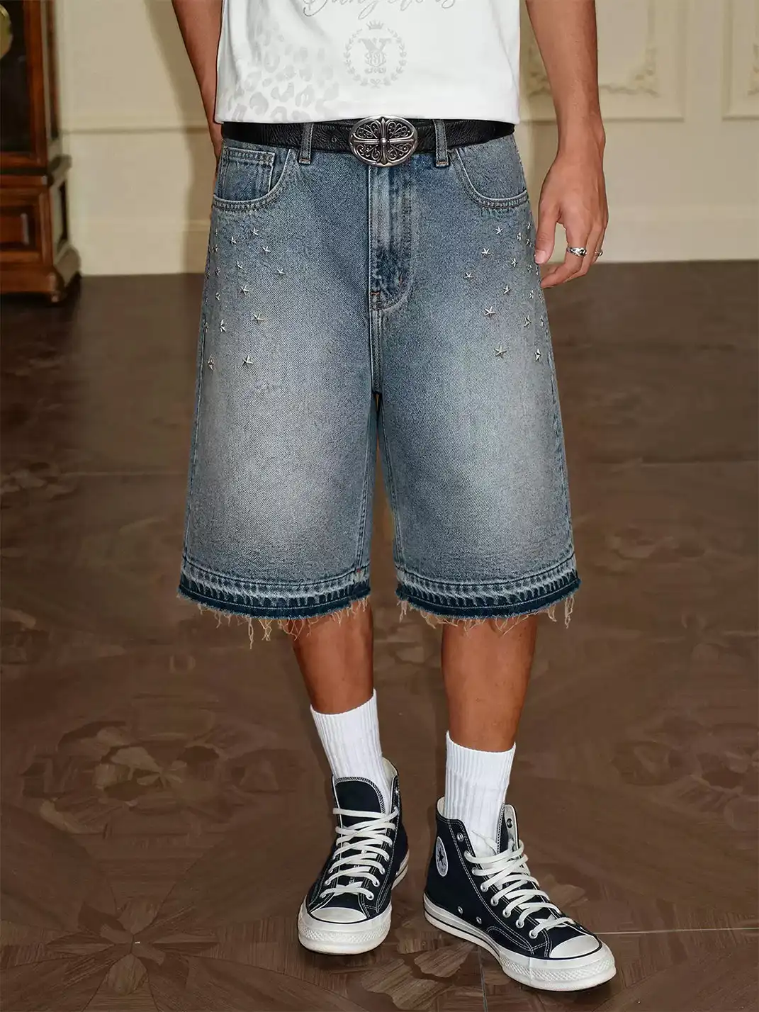 YADcrew | Vintage Star Rhinestone Washed Denim Shorts