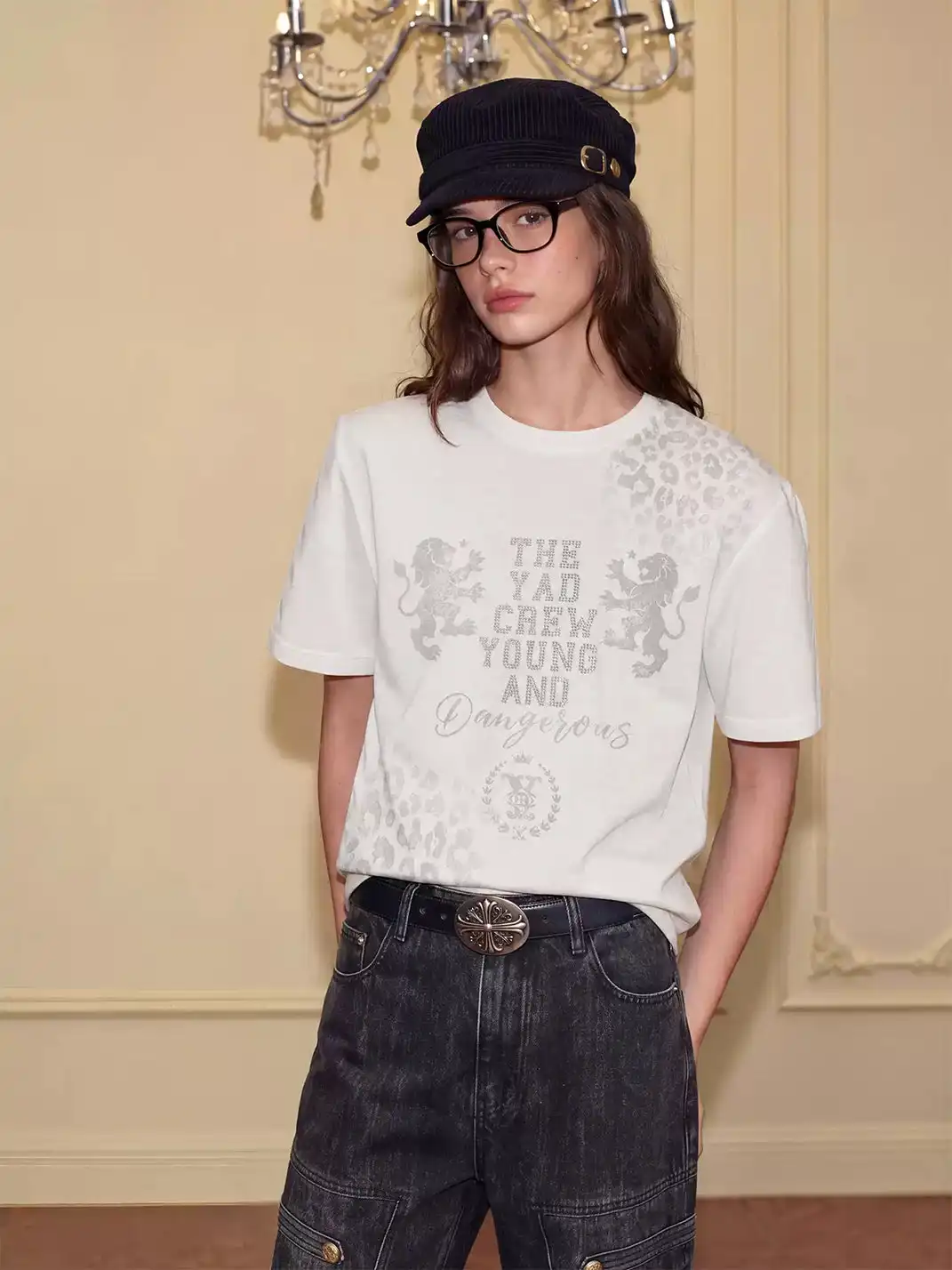 YADcrew | Leopard Print Rhinestone Graphic T-Shirt