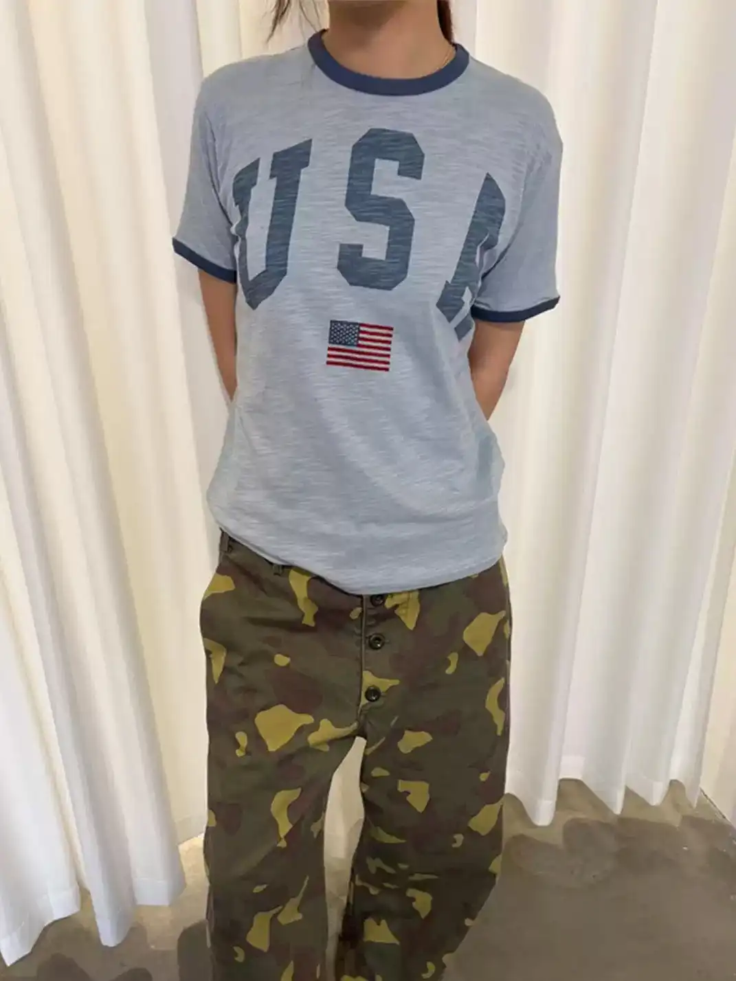 Ins Gale | USA Flag Color Contrast Neck T-Shirt