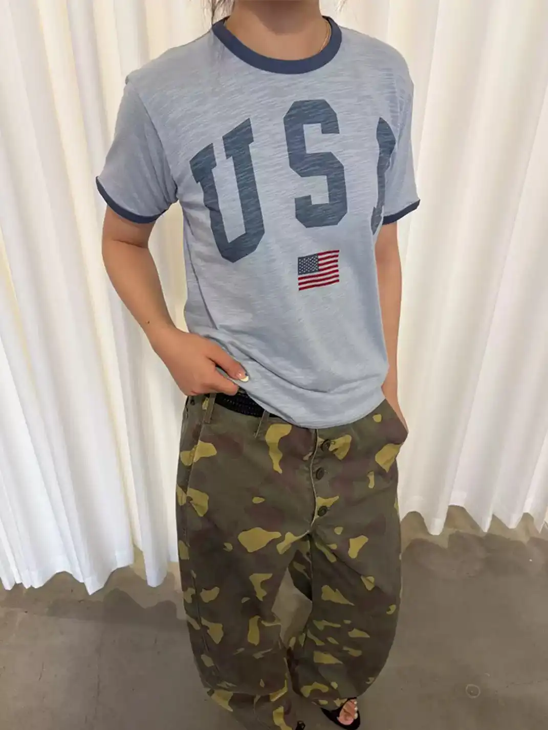 Ins Gale | USA Flag Color Contrast Neck T-Shirt