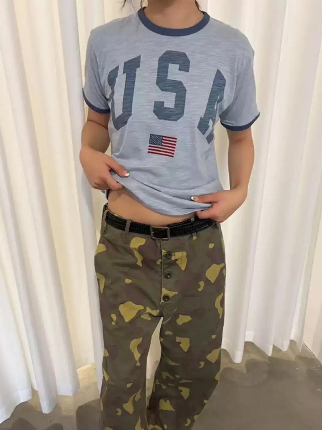 Ins Gale | USA Flag Color Contrast Neck T-Shirt