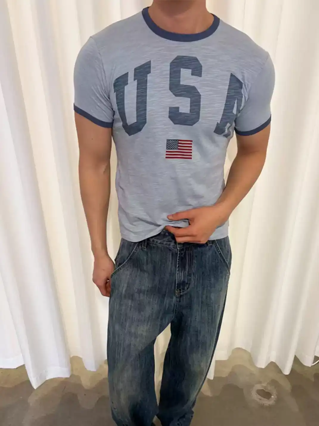 Ins Gale | USA Flag Color Contrast Neck T-Shirt