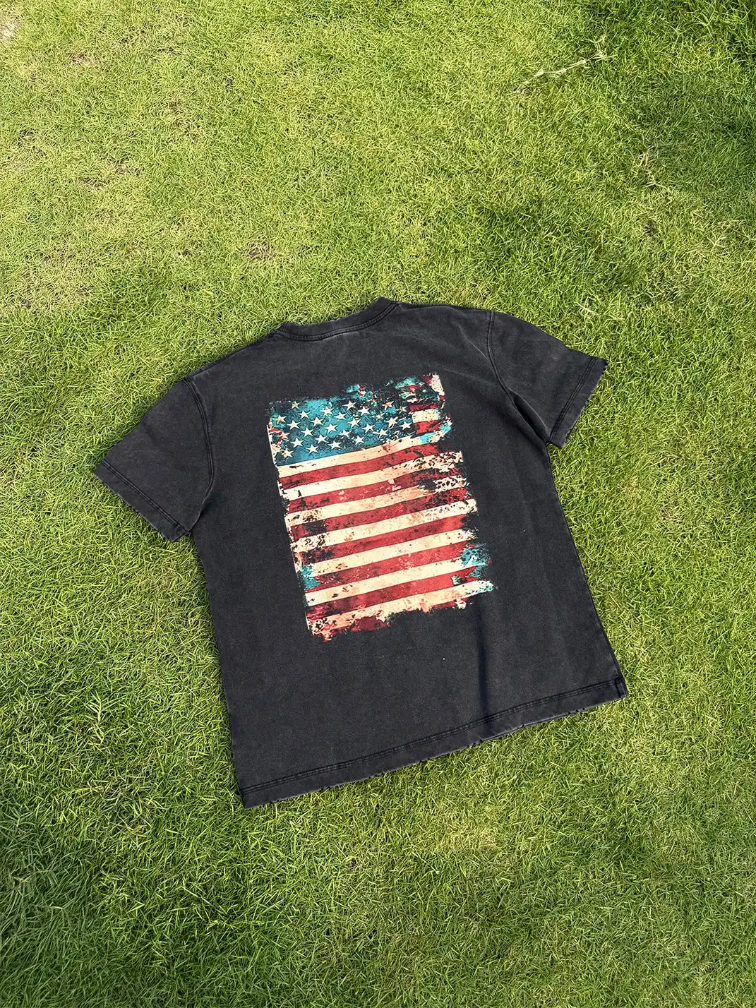 Pansk | Washed Direct-Injection Flag Print Shoulder Fit T-Shirt