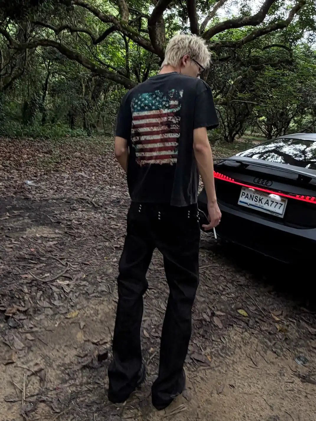 Pansk | Washed Direct-Injection Flag Print Shoulder Fit T-Shirt