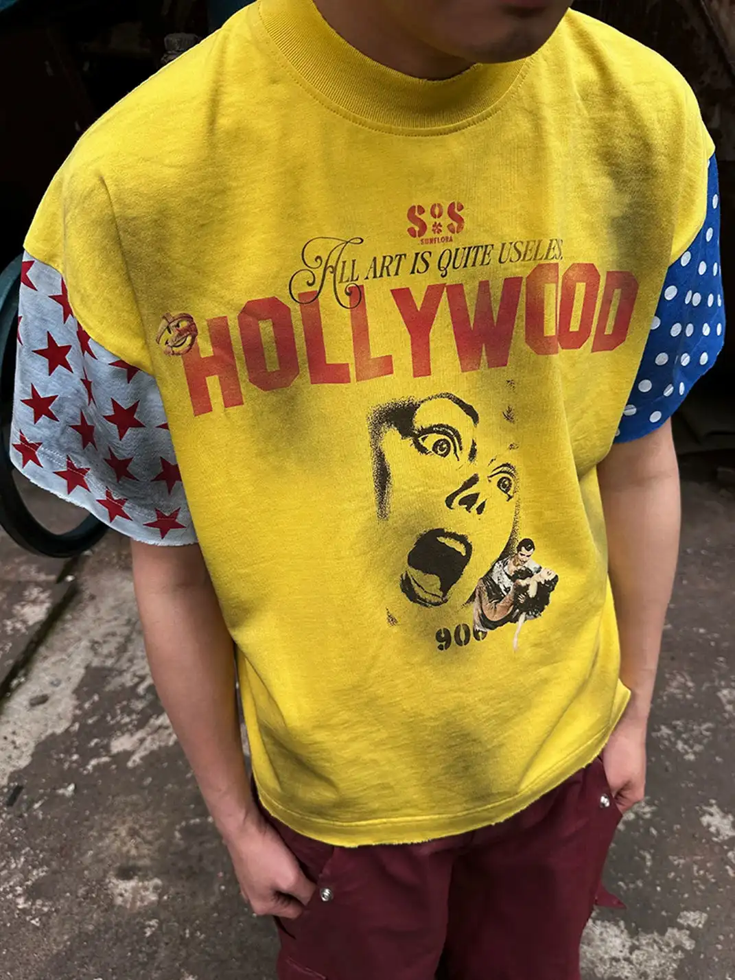 SOS | Distressed Ink-Splatter Star Polka Dot Patchwork T-Shirt