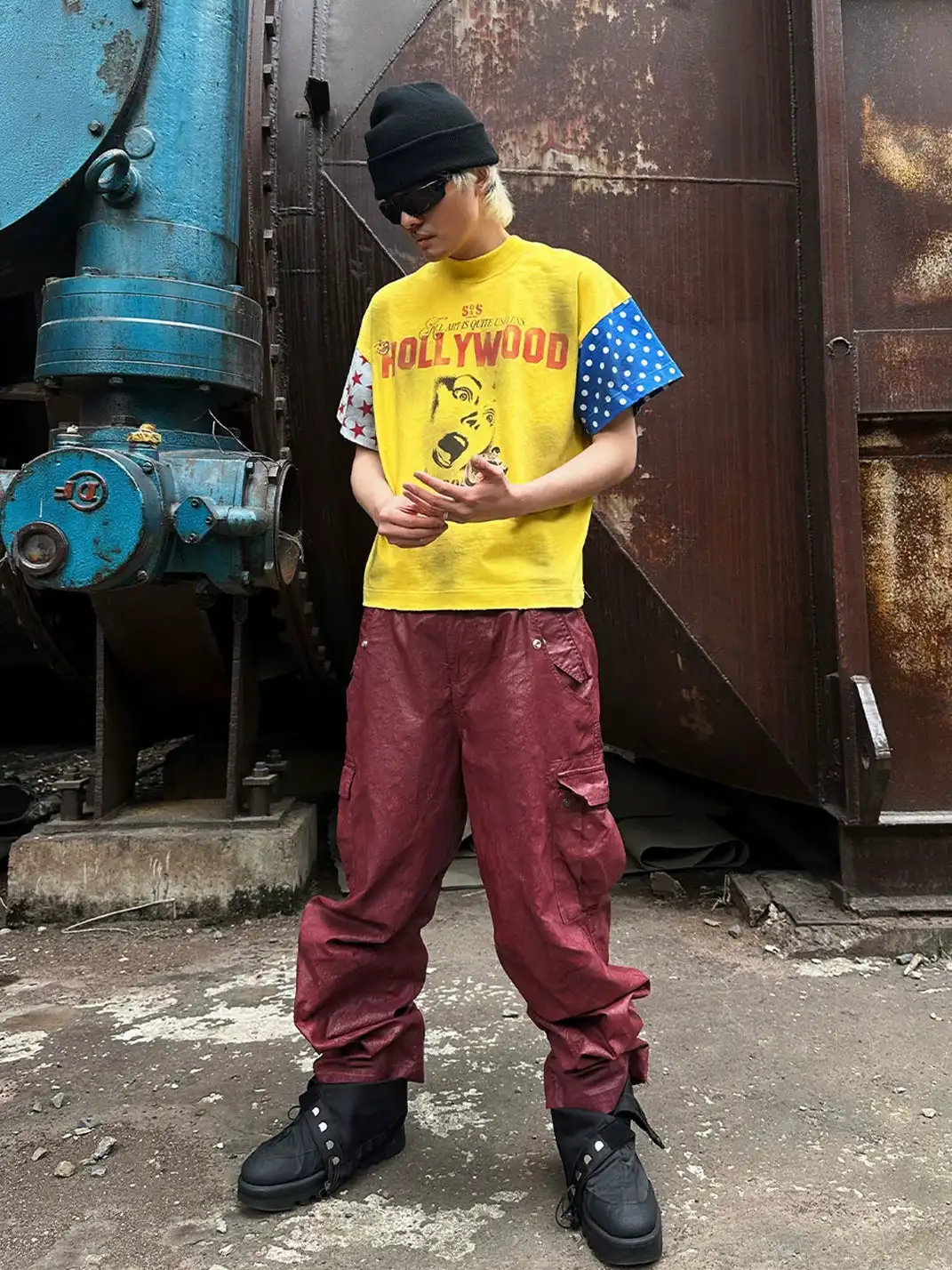 SOS | Distressed Ink-Splatter Star Polka Dot Patchwork T-Shirt