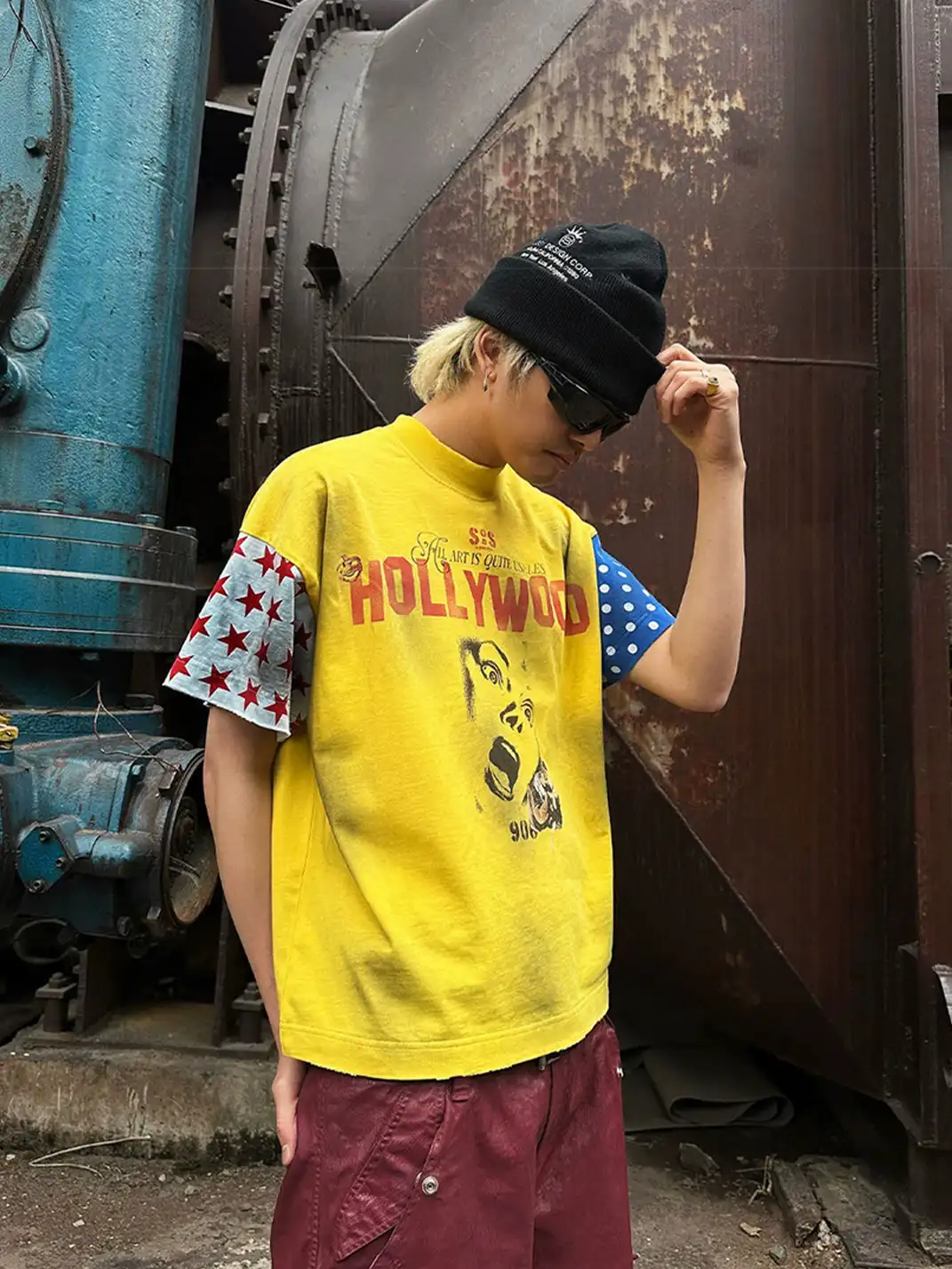 SOS | Distressed Ink-Splatter Star Polka Dot Patchwork T-Shirt