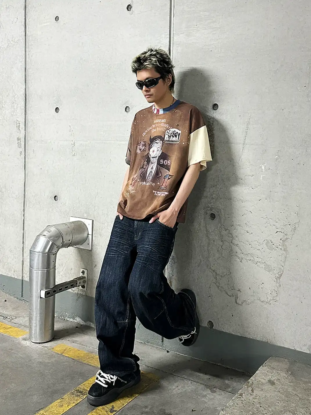SOS | Distressed Washed Patchwork Ink Splash T-Shirt