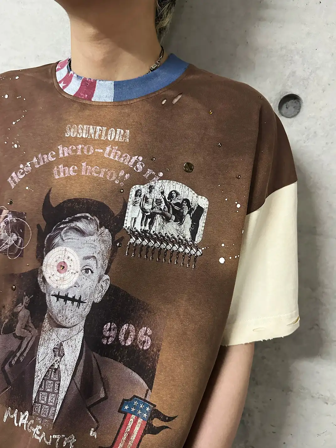 SOS | Distressed Washed Patchwork Ink Splash T-Shirt