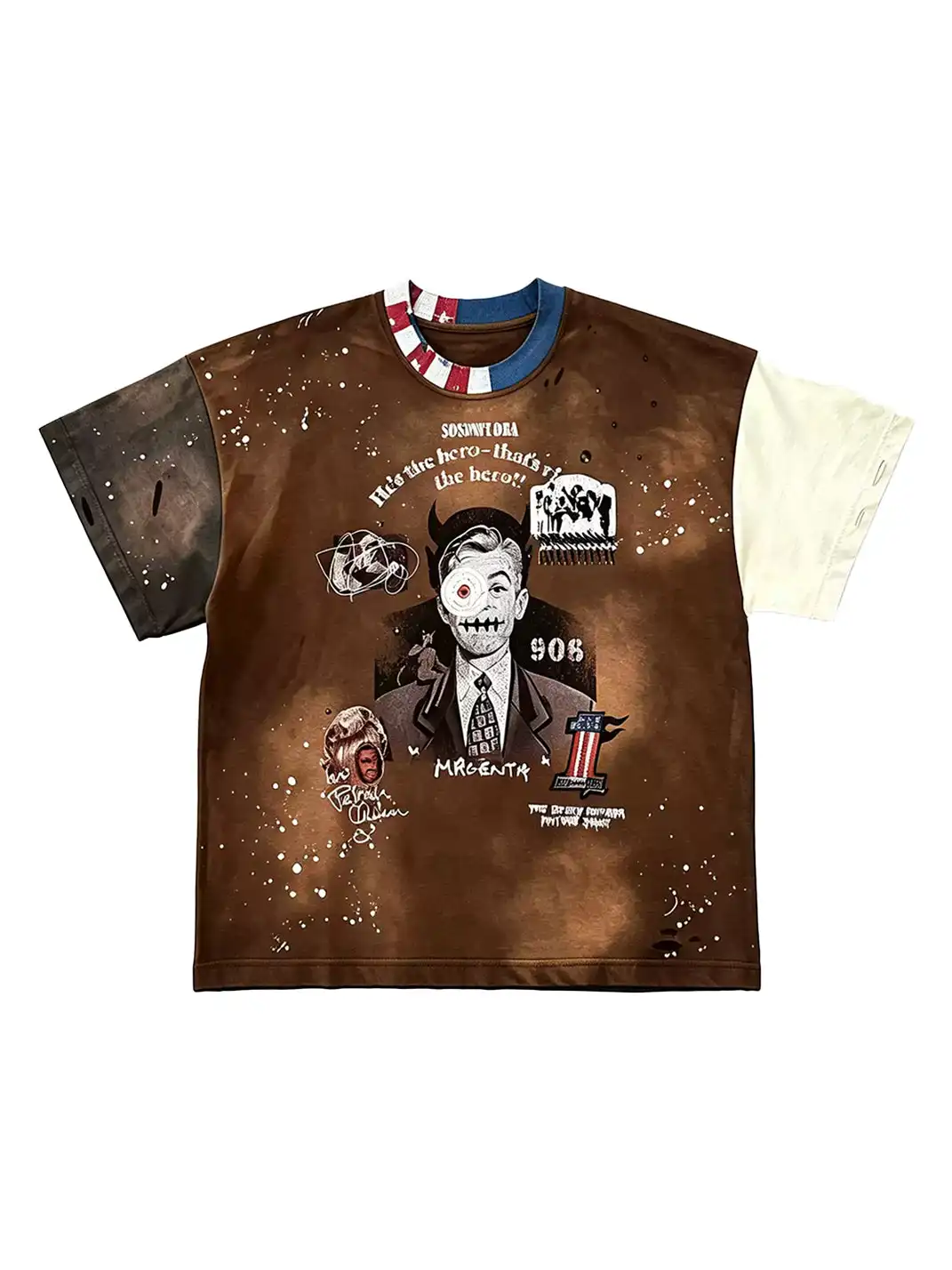 SOS | Distressed Washed Patchwork Ink Splash T-Shirt