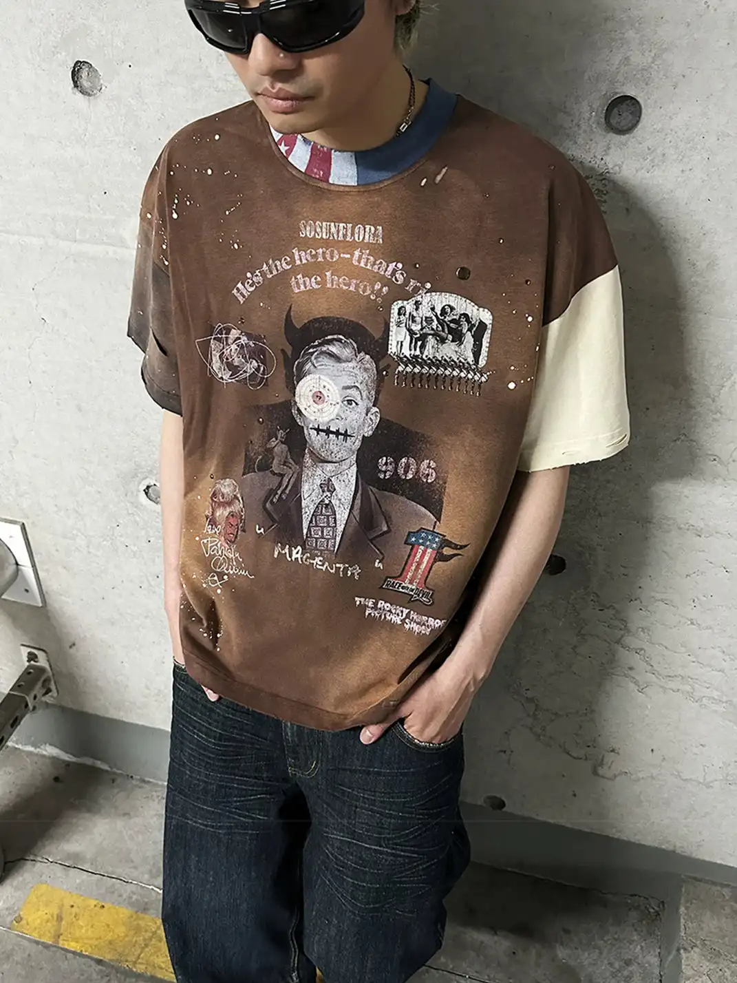 SOS | Distressed Washed Patchwork Ink Splash T-Shirt