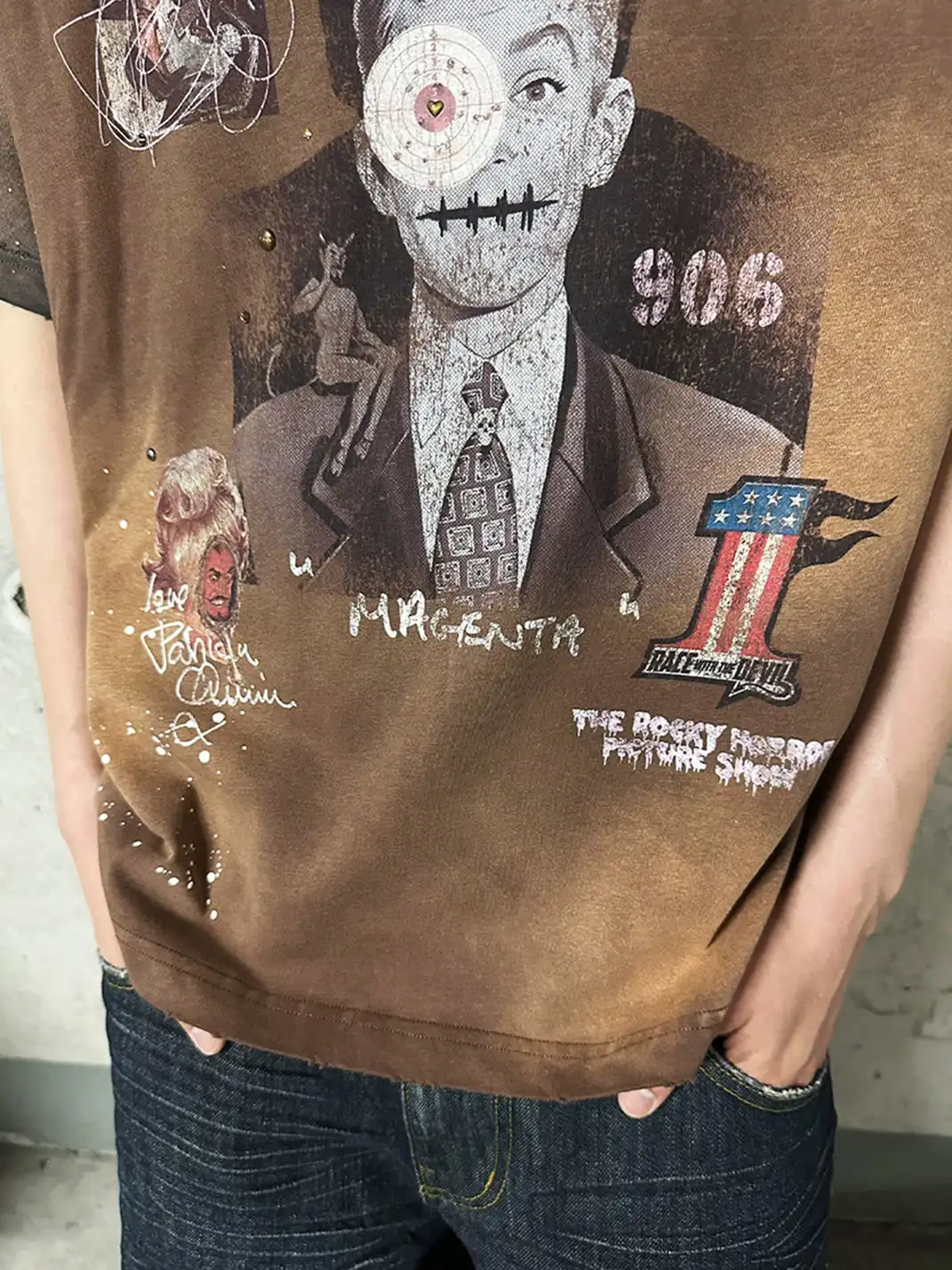 SOS | Distressed Washed Patchwork Ink Splash T-Shirt