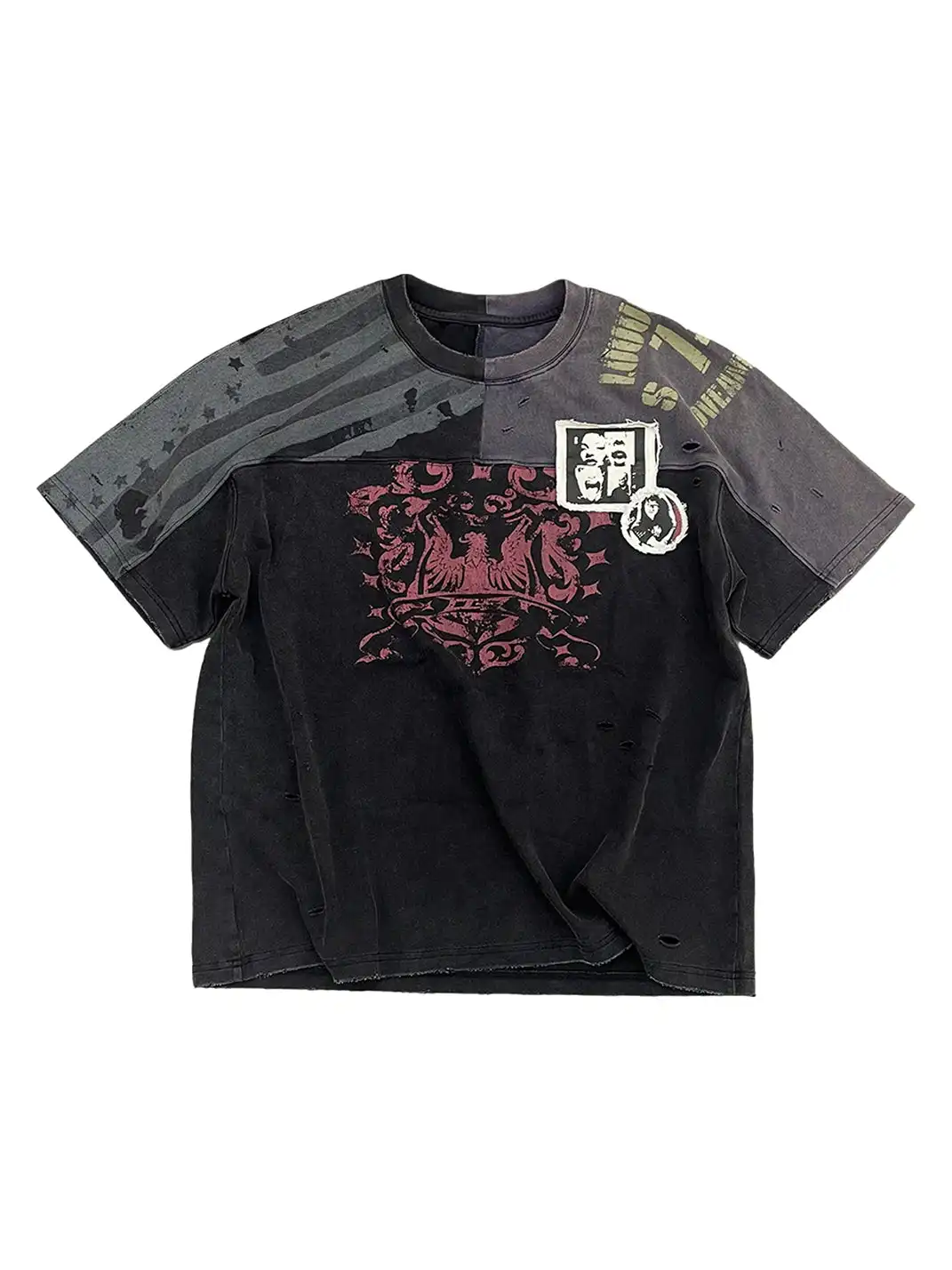 LuuuCam | Symmetrical Patchwork Appliqué Distressed T-Shirt