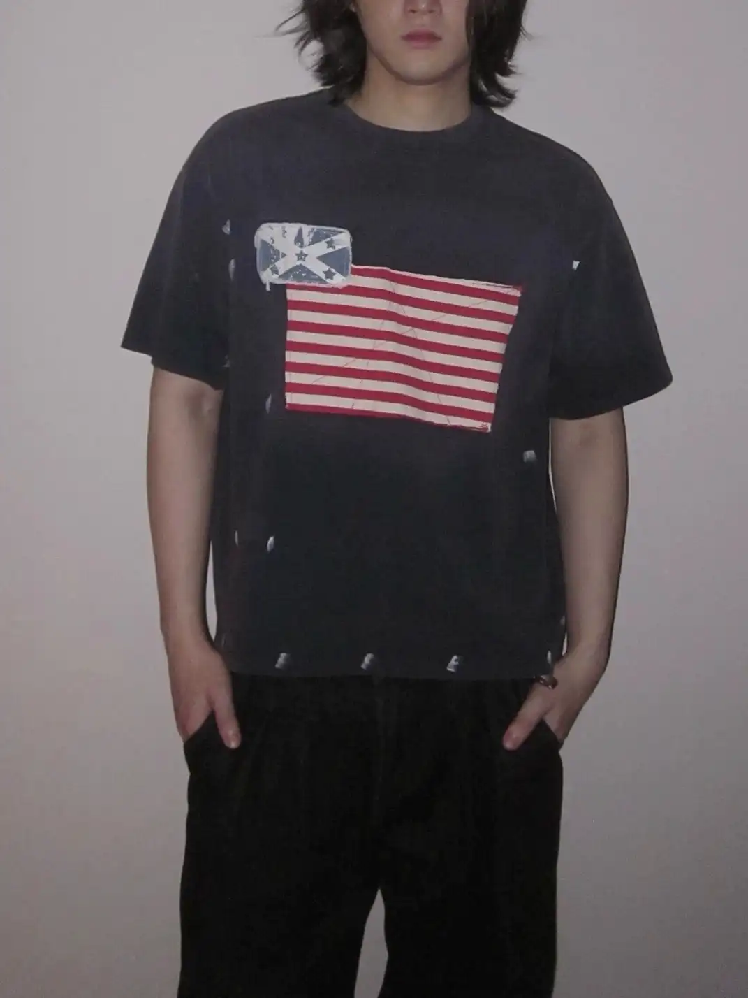 URRRGE | Distressed Appliqué Stars and Stripes Ink Splash T-Shirt