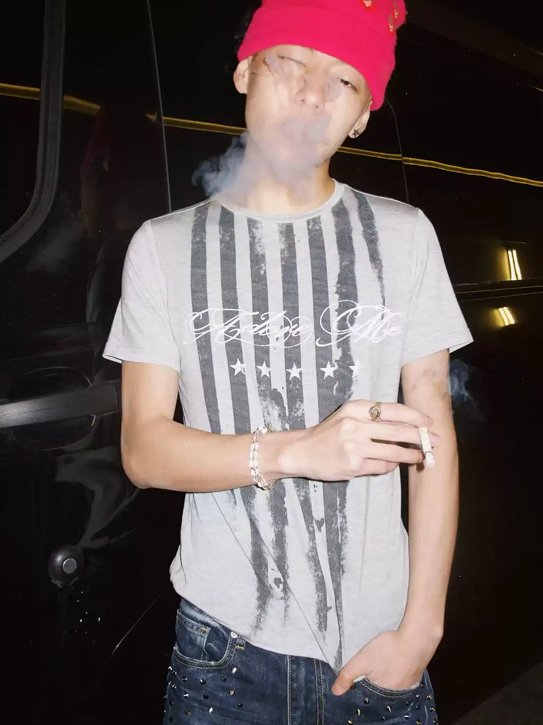 NumbAsia | Distressed Stars and Stripes U-Neck Short Sleeve T-Shirt