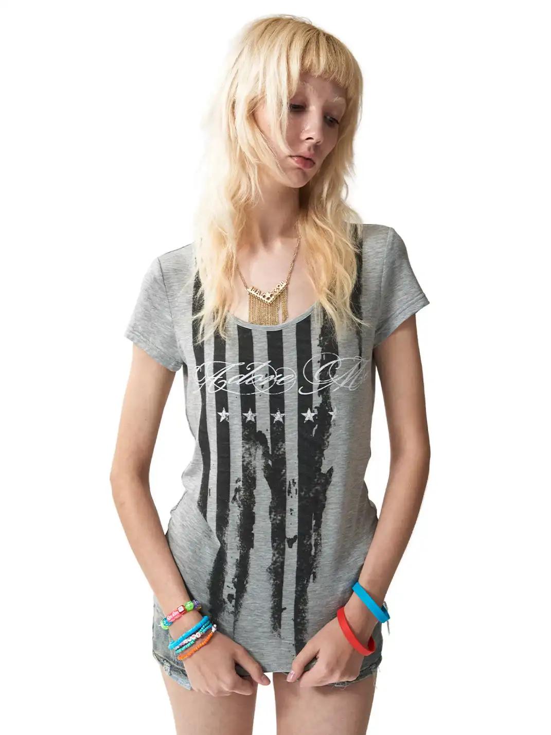 NumbAsia | Distressed Stars and Stripes U-Neck Short Sleeve T-Shirt