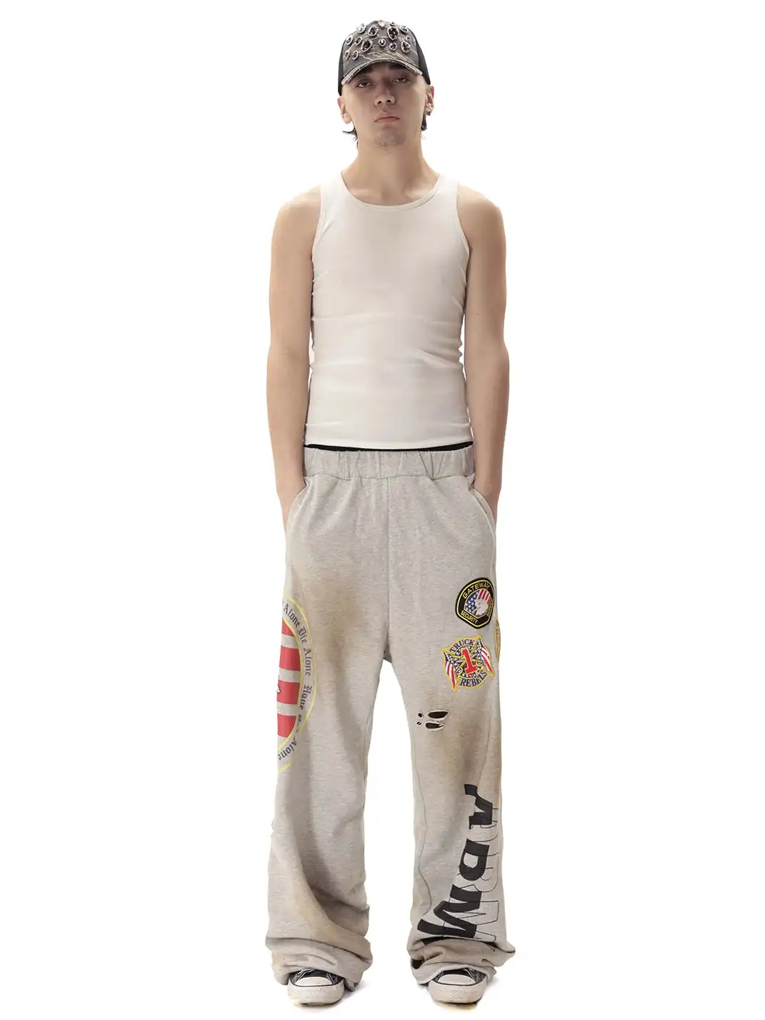 99CLUB | Mud Dye Distressed Embroidered Sweatpants