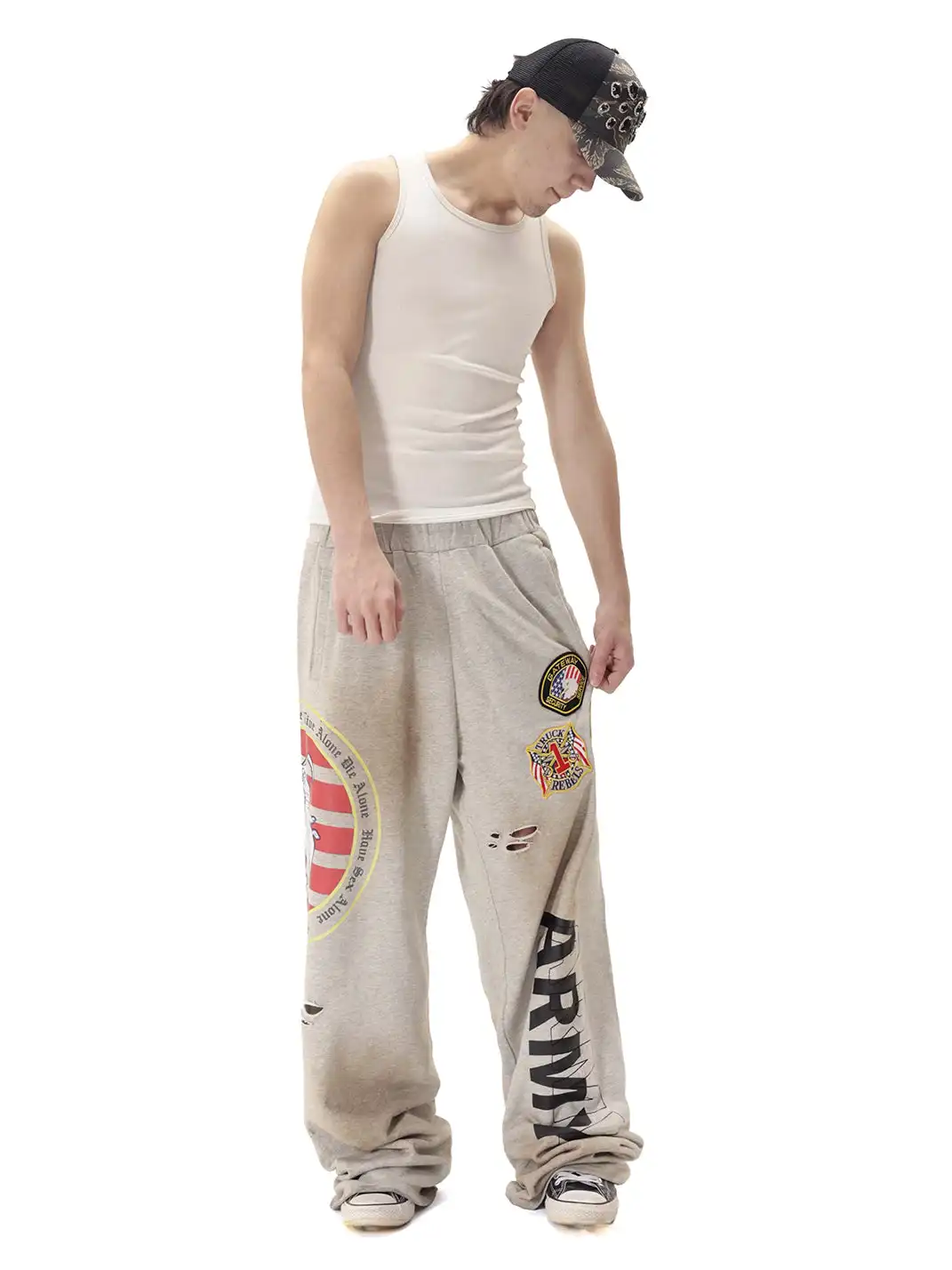 99CLUB | Mud Dye Distressed Embroidered Sweatpants