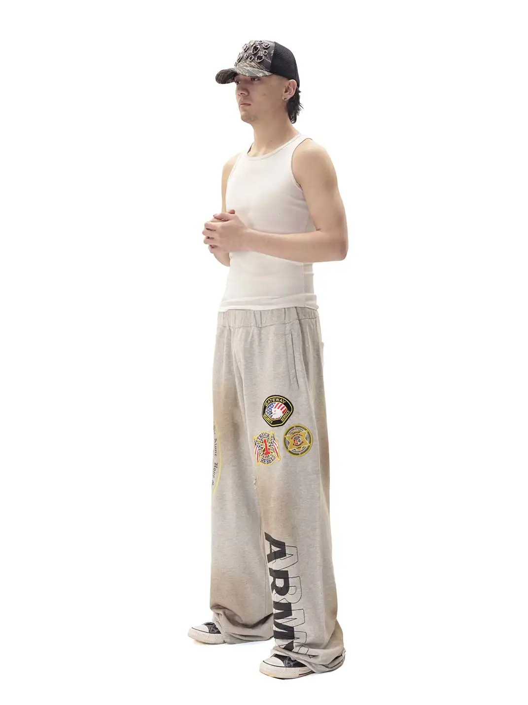 99CLUB | Mud Dye Distressed Embroidered Sweatpants