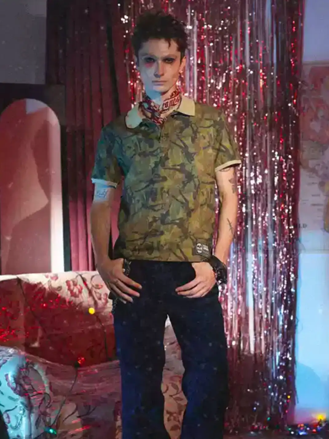 RIOTUNIONS | Camouflage Print Distressed Double-Layer Polo Shirt