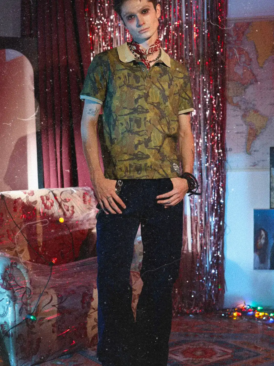 RIOTUNIONS | Camouflage Print Distressed Double-Layer Polo Shirt