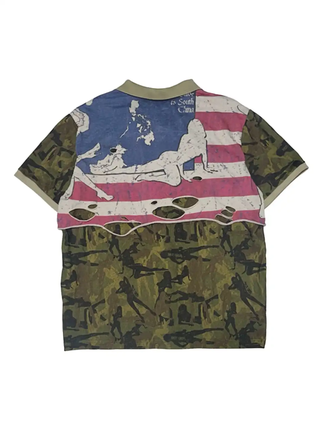 RIOTUNIONS | Camouflage Print Distressed Double-Layer Polo Shirt