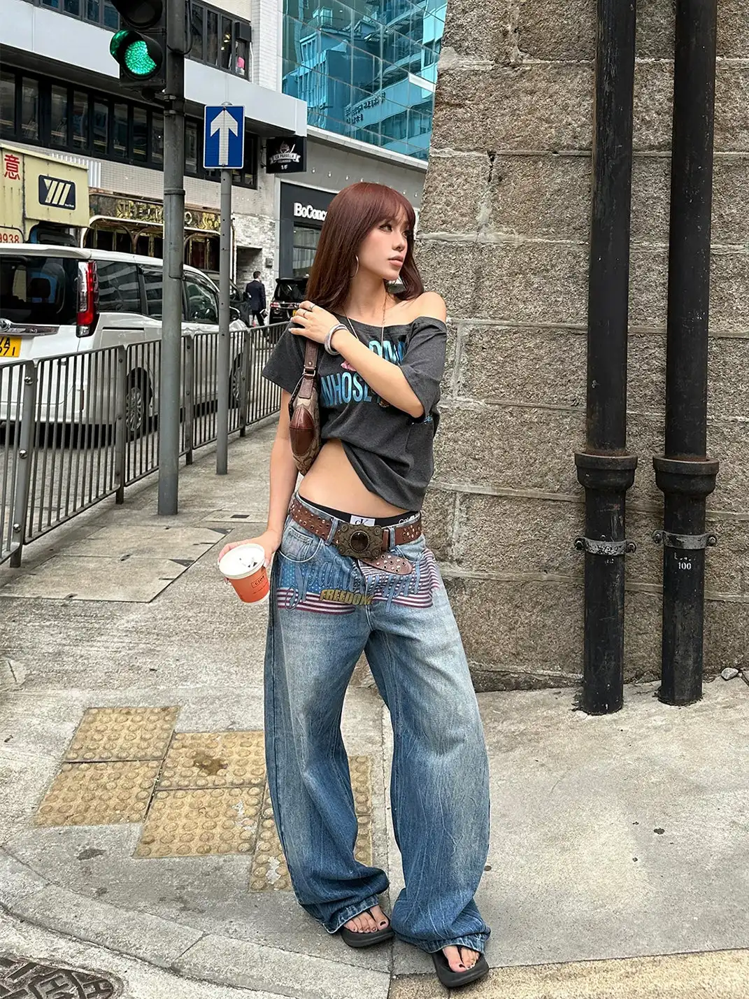 EAHO | Washed Flag Letter Print Wide-Leg Jeans