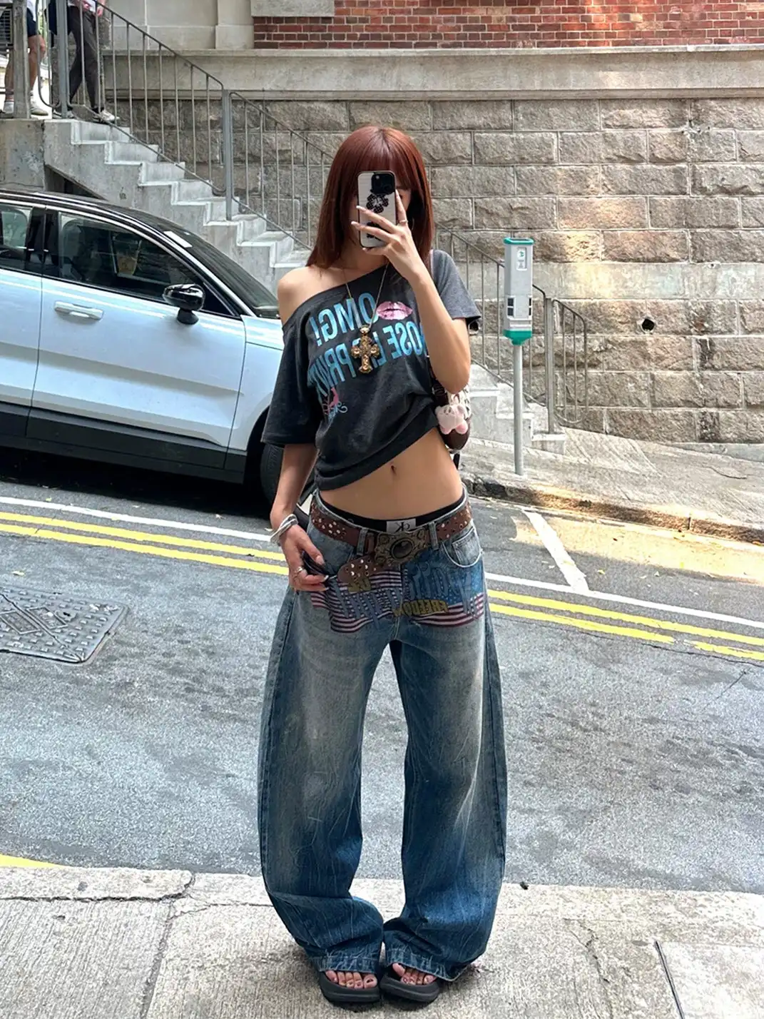 EAHO | Washed Flag Letter Print Wide-Leg Jeans