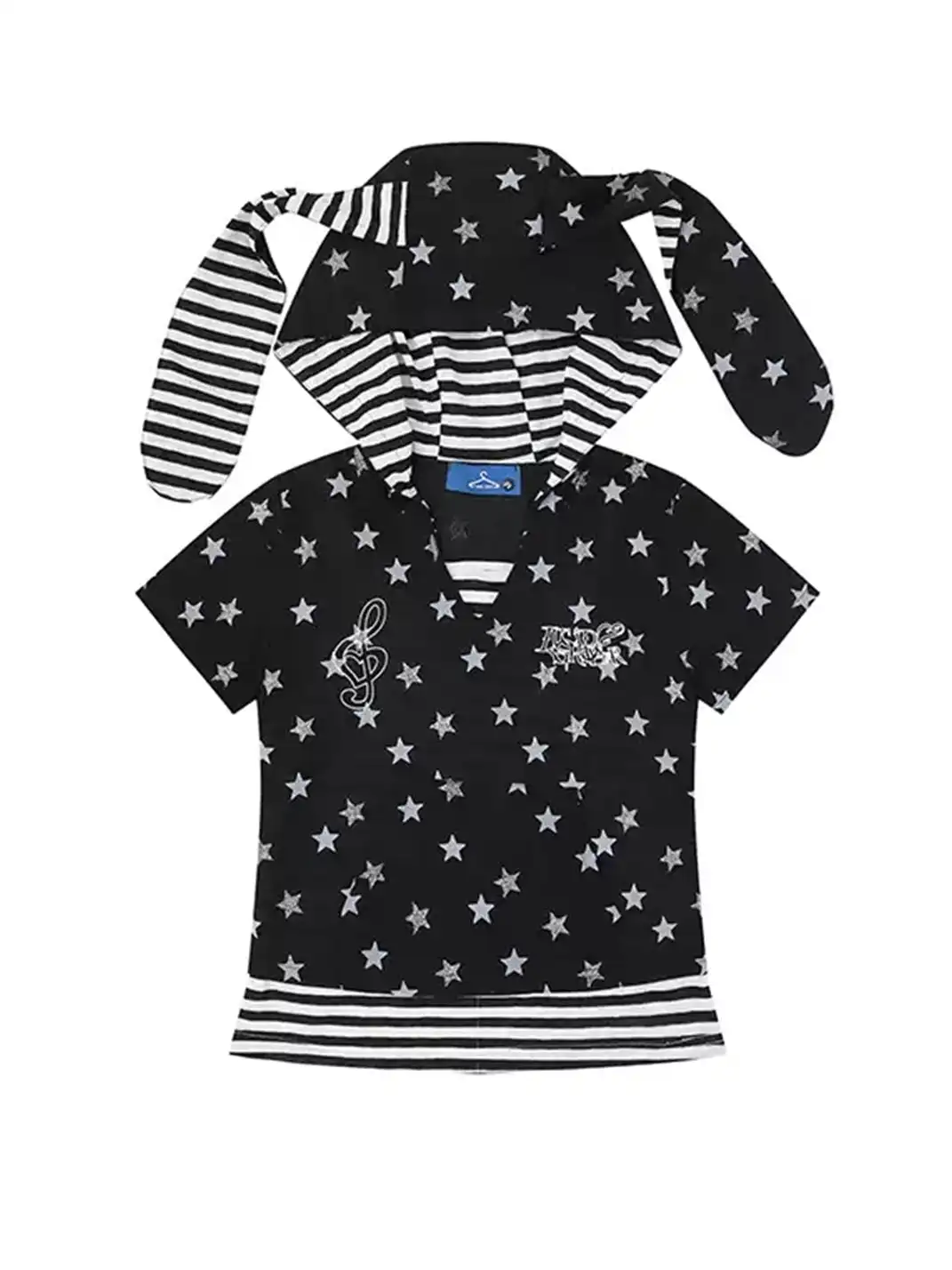 DARKAGE | Star Embroidery Letter Striped Hooded T-Shirt