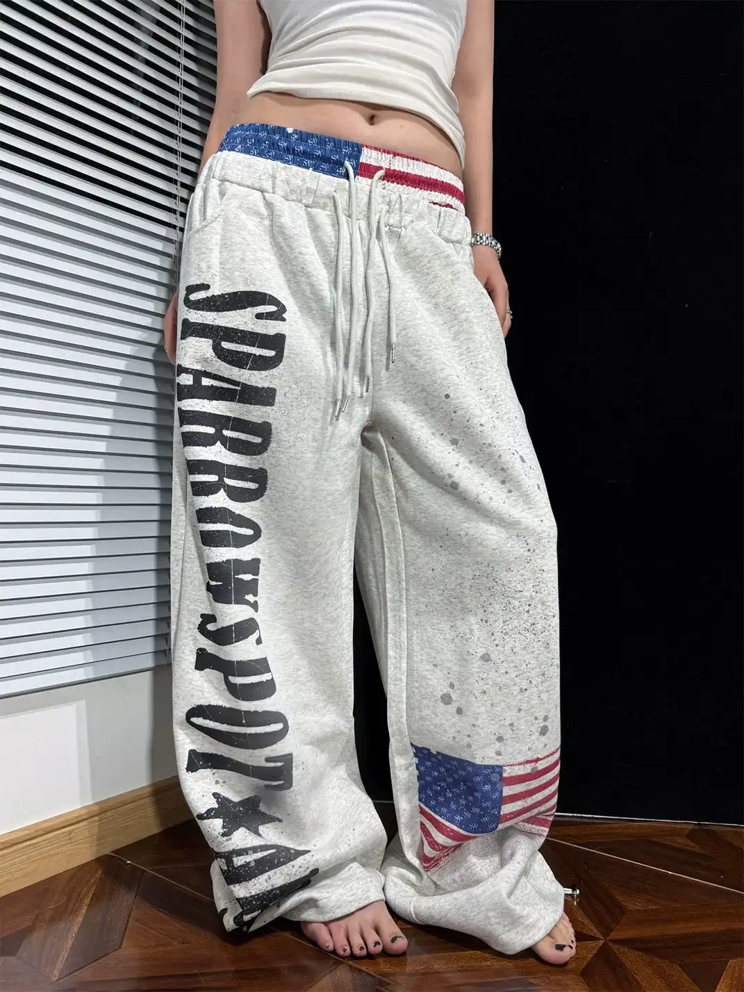 AVICKK | Letter Flag Print Double Waistband Wide Leg Sweatpants