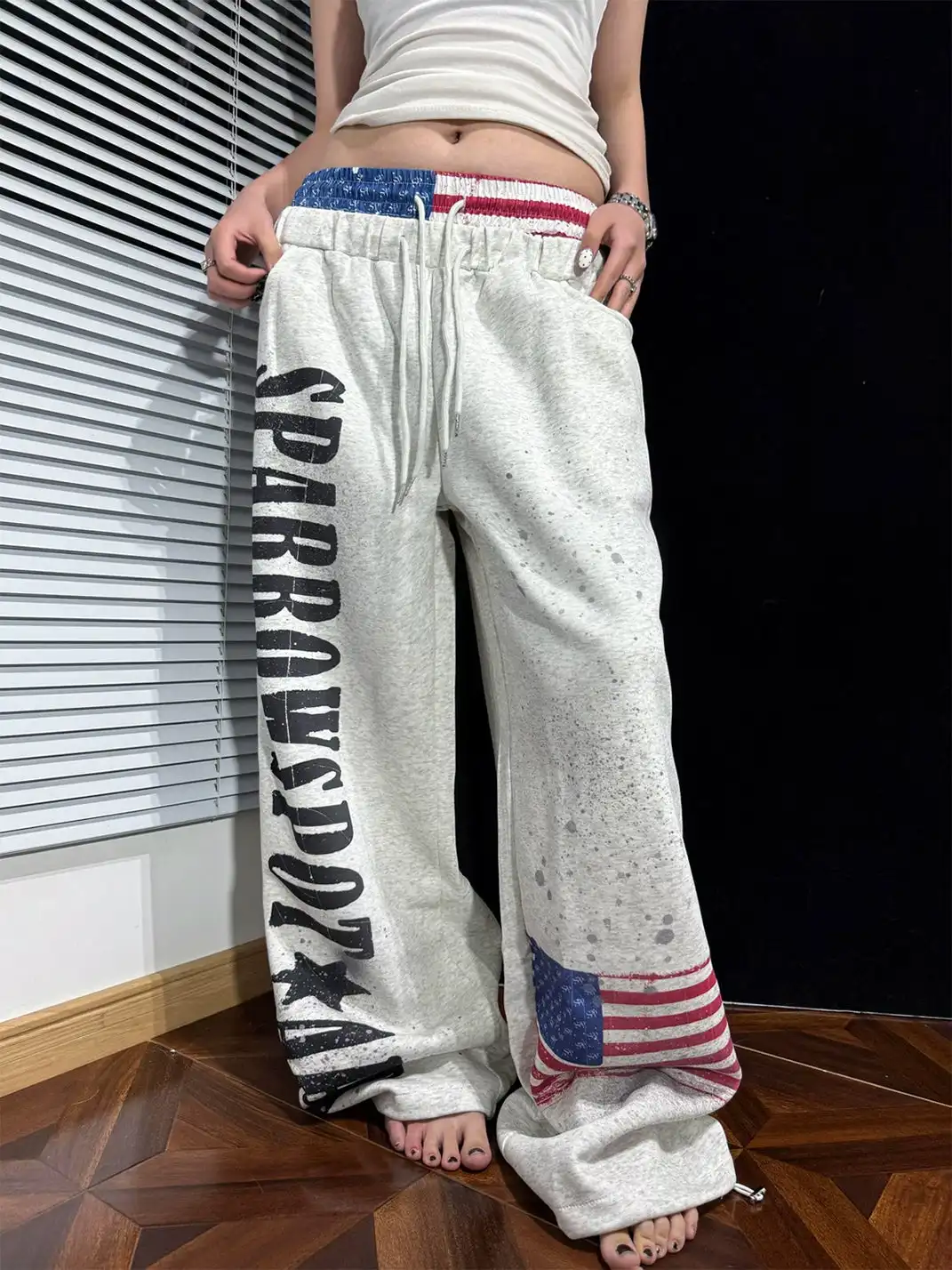 AVICKK | Letter Flag Print Double Waistband Wide Leg Sweatpants