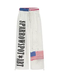 AVICKK | Letter Flag Print Double Waistband Wide Leg Sweatpants