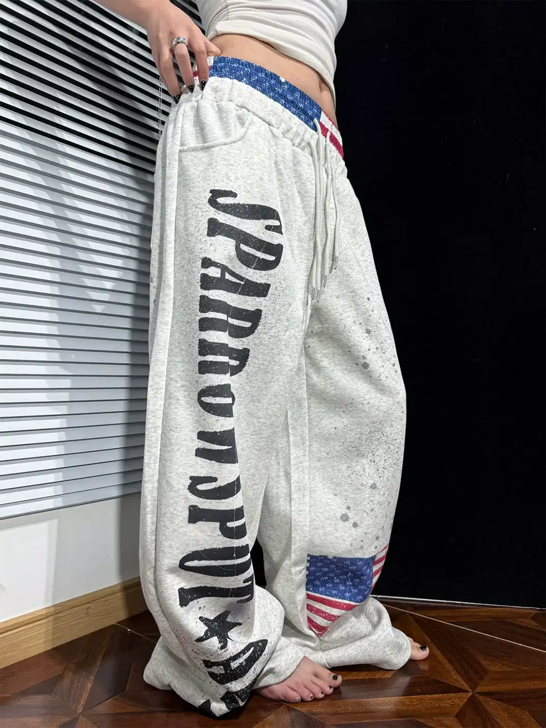 AVICKK | Letter Flag Print Double Waistband Wide Leg Sweatpants
