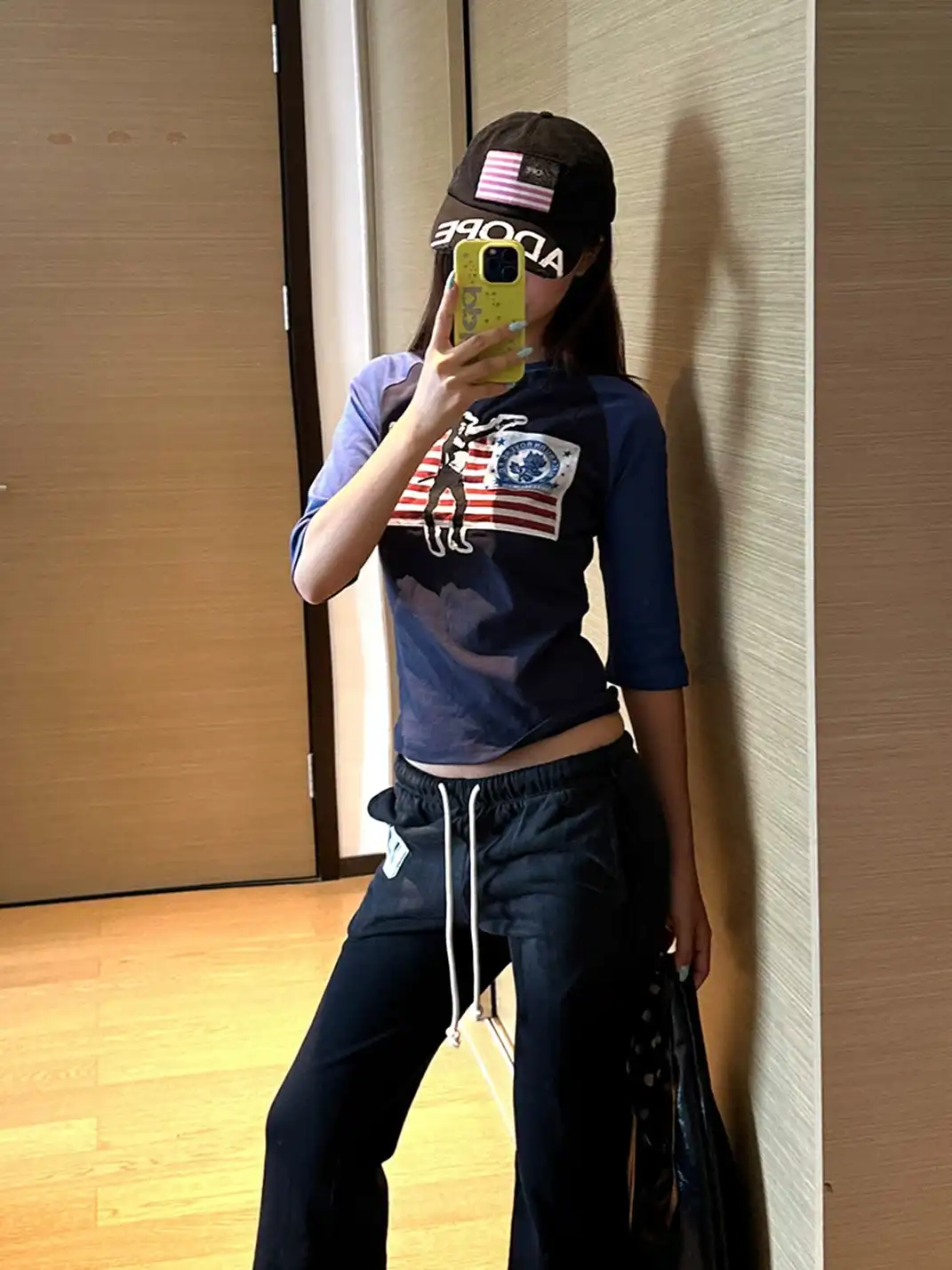 EAHO | Flag Print Color Block 5/4 Sleeve T-Shirt