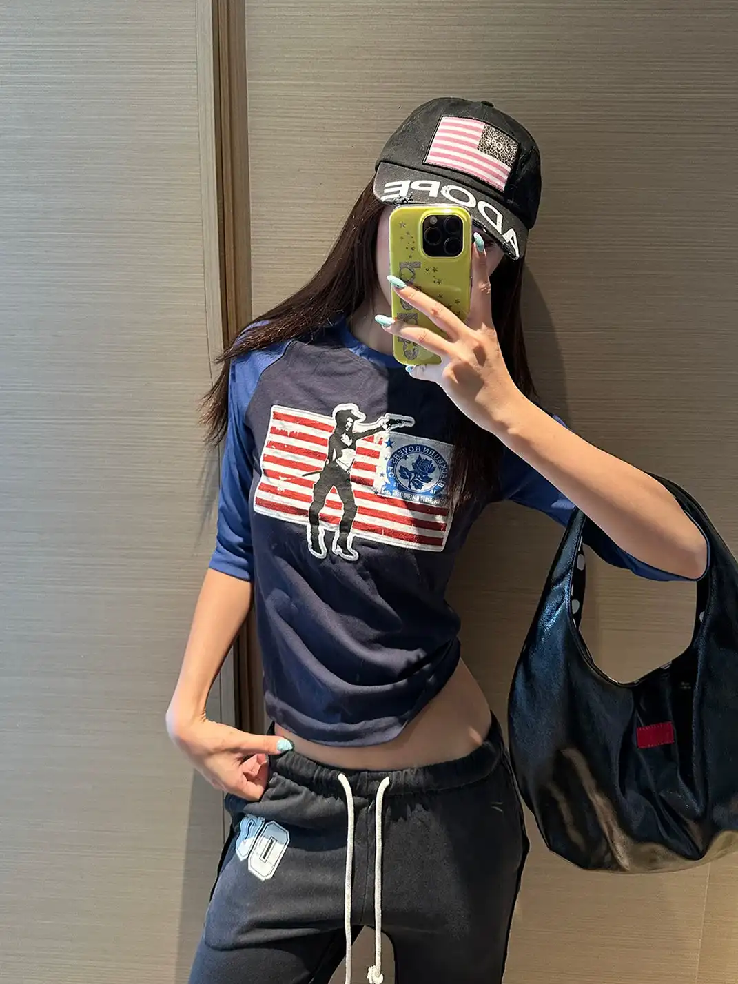EAHO | Flag Print Color Block 5/4 Sleeve T-Shirt