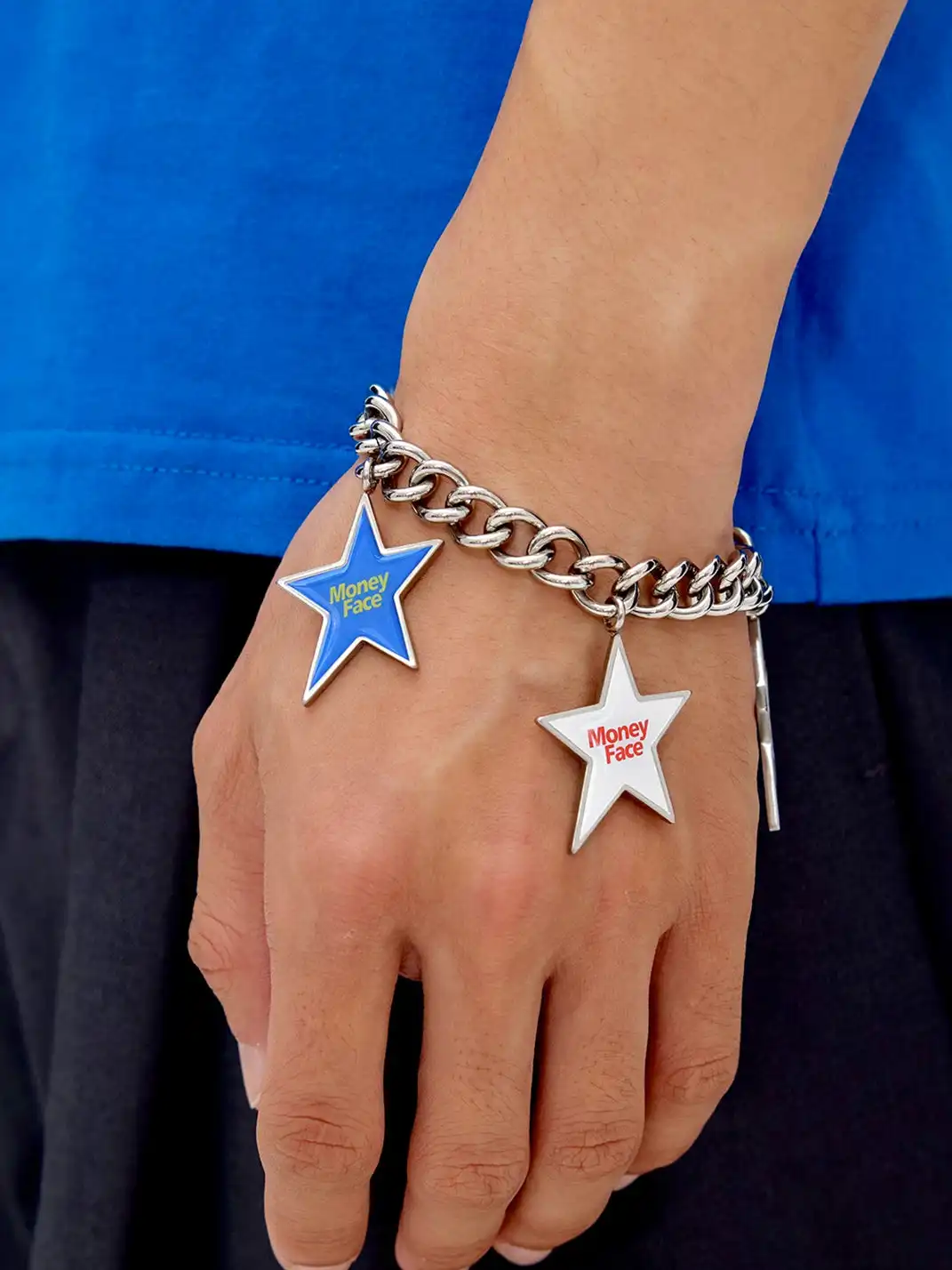 CHICHABOOM | Slogan Print Five-Pointed Star Pendant Cuban Link Bracelet