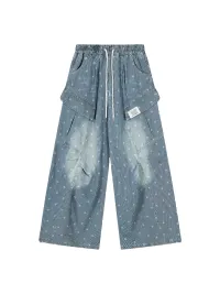 EAHO | Allover Star Print Drawstring Wide Leg Denim Pants