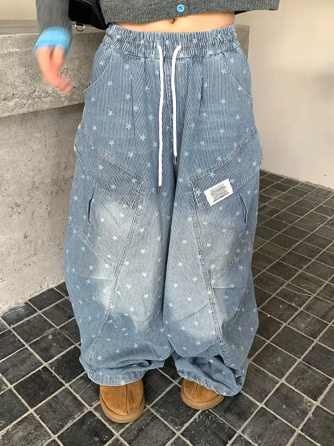 EAHO | Allover Star Print Drawstring Wide Leg Denim Pants