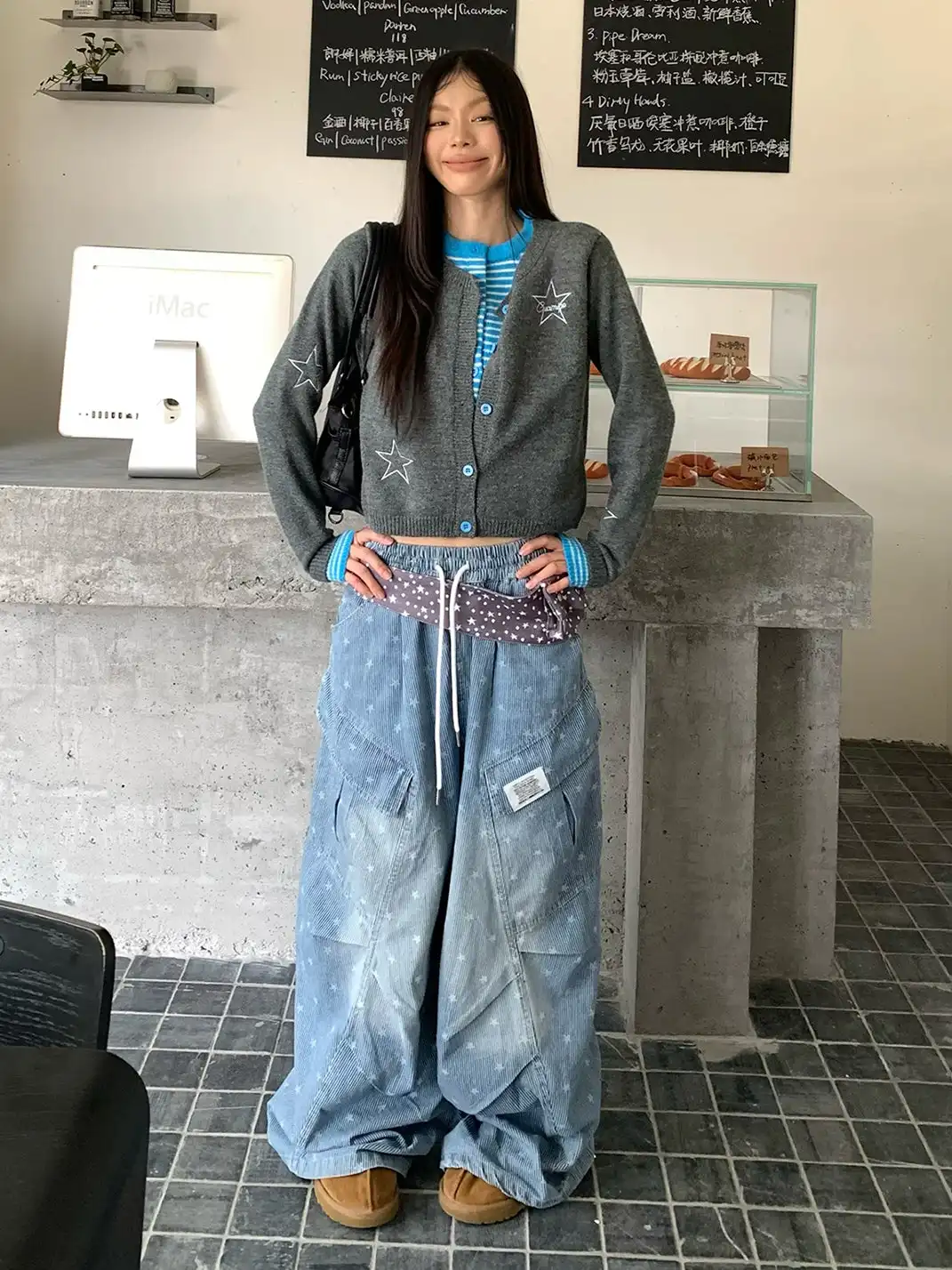 EAHO | Allover Star Print Drawstring Wide Leg Denim Pants