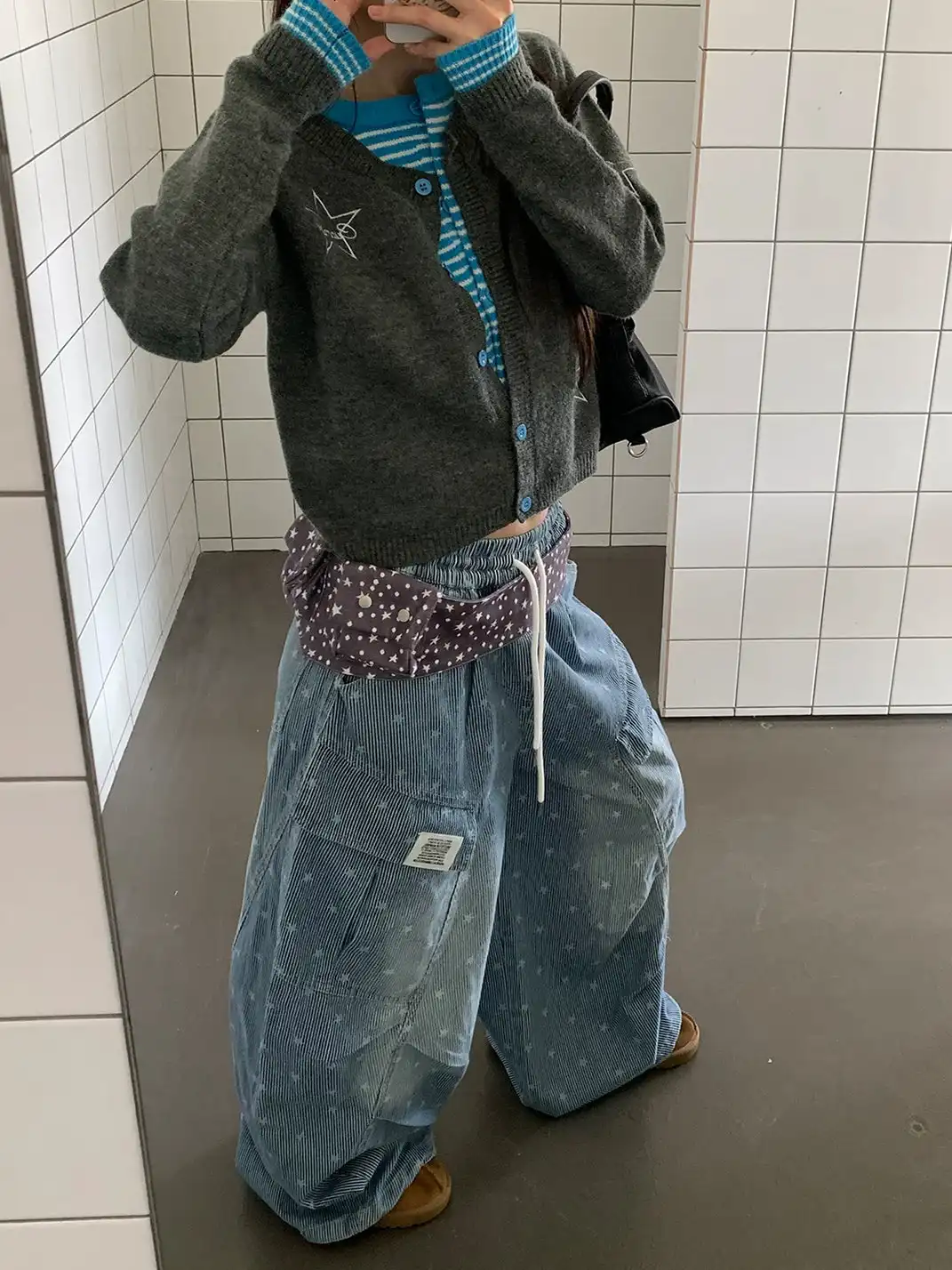 EAHO | Allover Star Print Drawstring Wide Leg Denim Pants