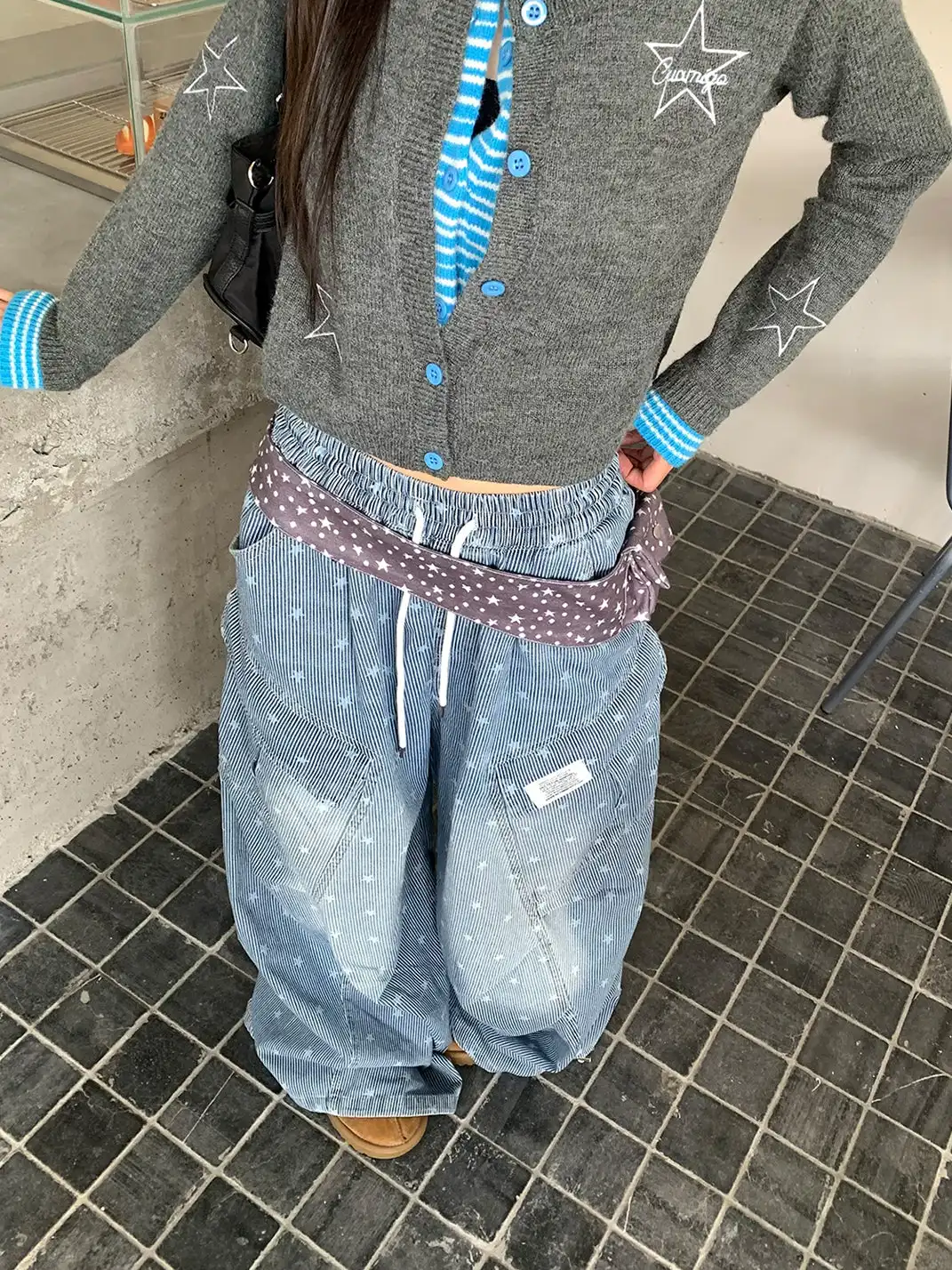 EAHO | Allover Star Print Drawstring Wide Leg Denim Pants