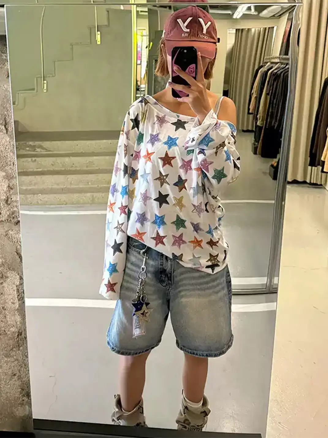 EAHO | Allover Colorful Star Print One Shoulder Long Sleeve T-Shirt