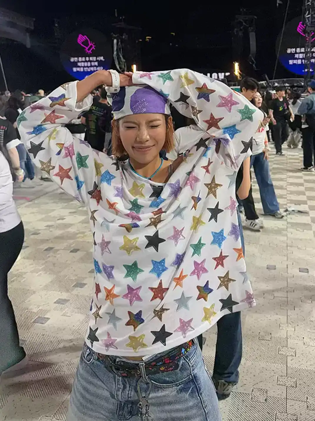 EAHO | Allover Colorful Star Print One Shoulder Long Sleeve T-Shirt