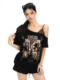 BIGGOLD | Leopard Print Cami One Shoulder Fake Two-Piece Short Sleeve T-Shirt