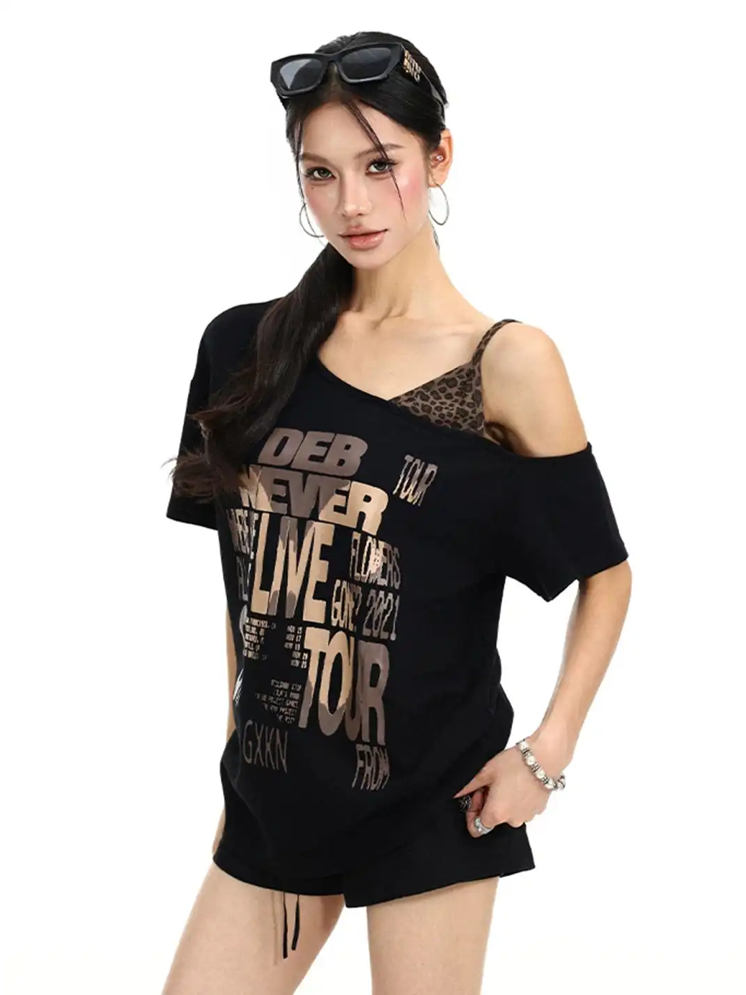 BIGGOLD | Leopard Print Cami One Shoulder Fake Two-Piece Short Sleeve T-Shirt