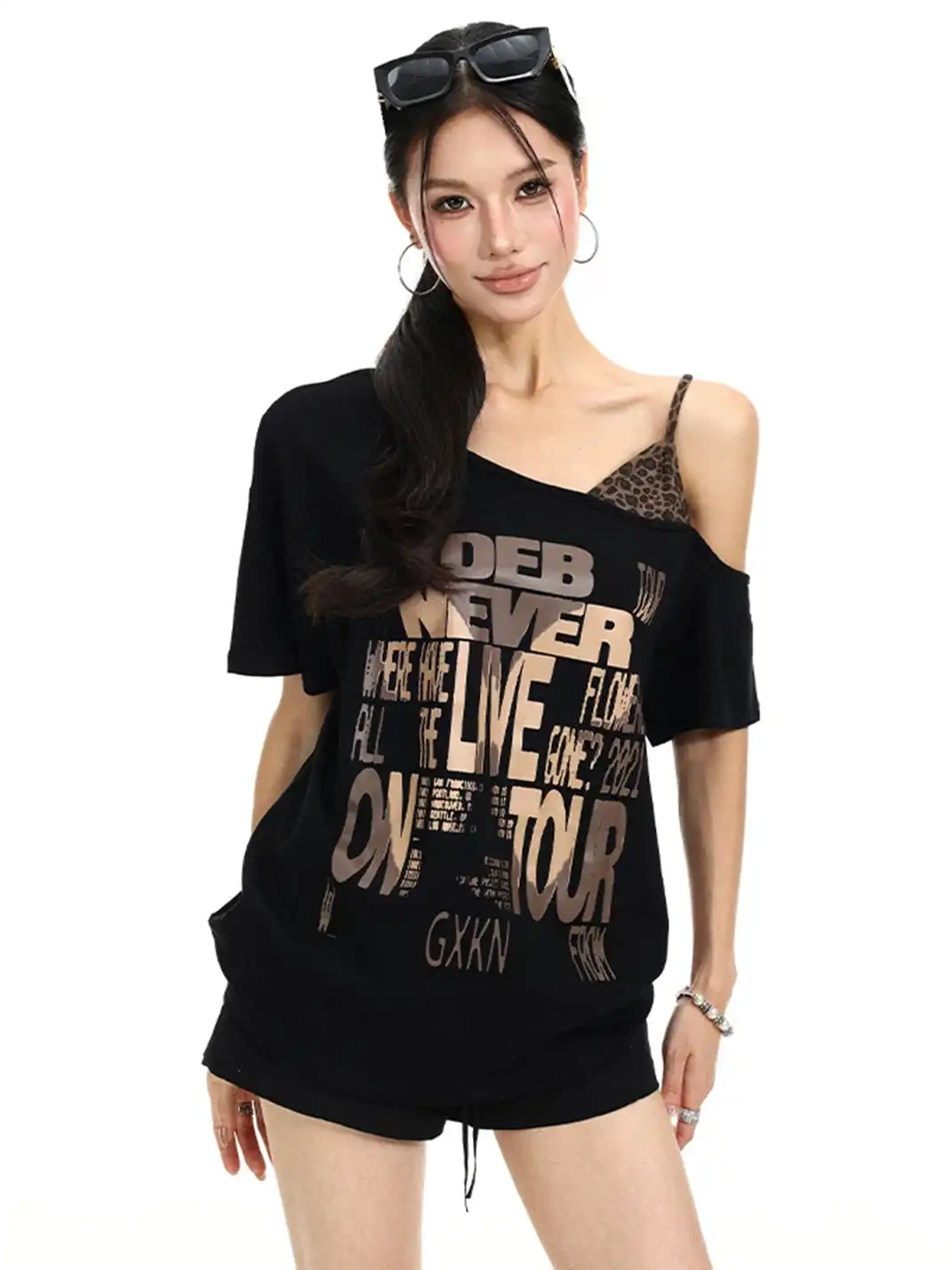 BIGGOLD | Leopard Print Cami One Shoulder Fake Two-Piece Short Sleeve T-Shirt