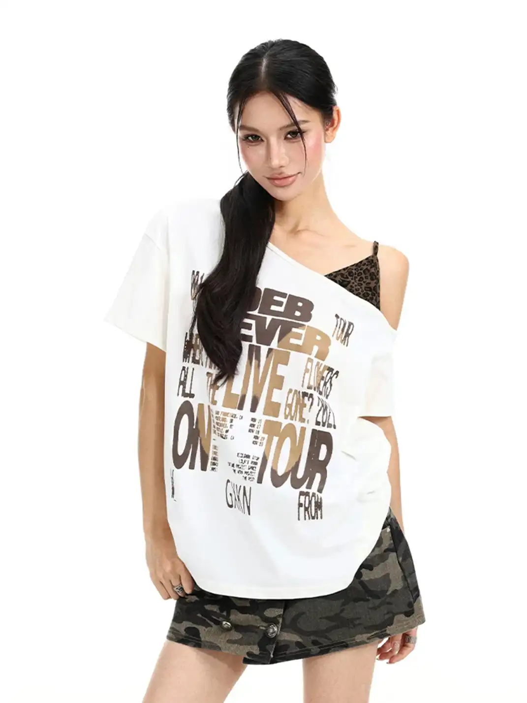BIGGOLD | Leopard Print Cami One Shoulder Fake Two-Piece Short Sleeve T-Shirt
