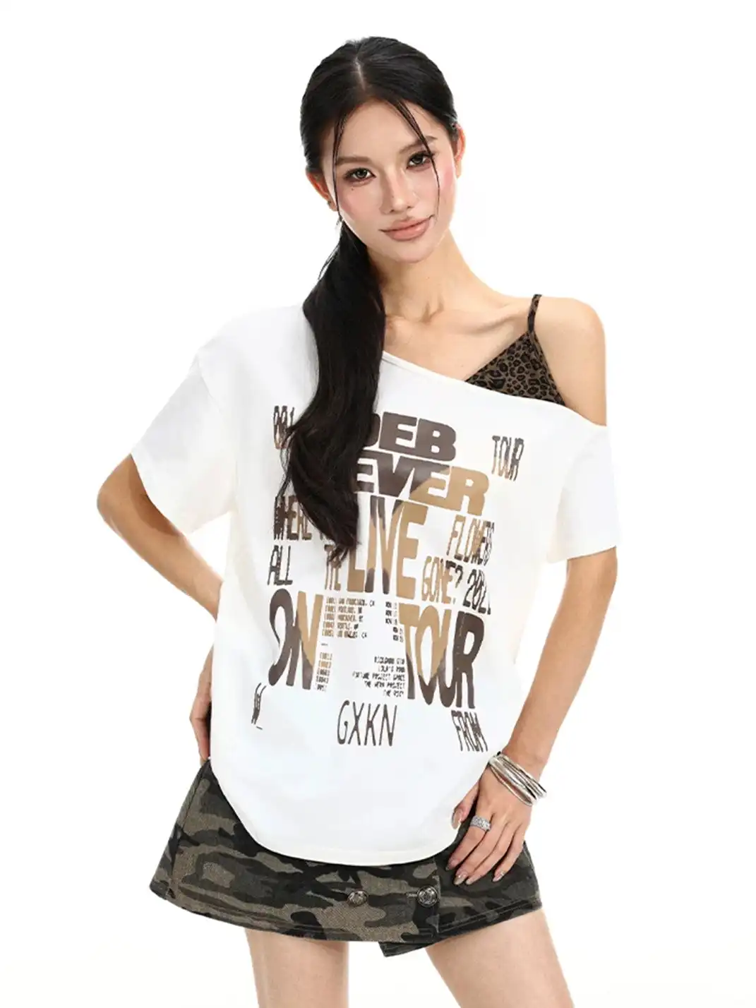 BIGGOLD | Leopard Print Cami One Shoulder Fake Two-Piece Short Sleeve T-Shirt