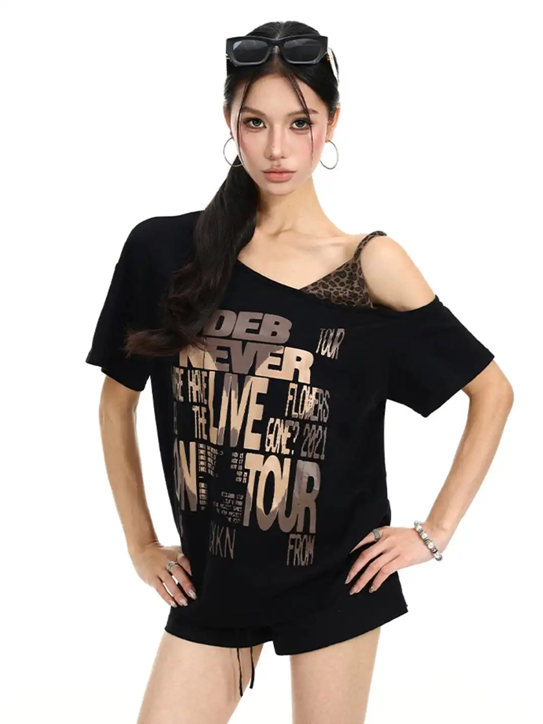 BIGGOLD | Leopard Print Cami One Shoulder Fake Two-Piece Short Sleeve T-Shirt
