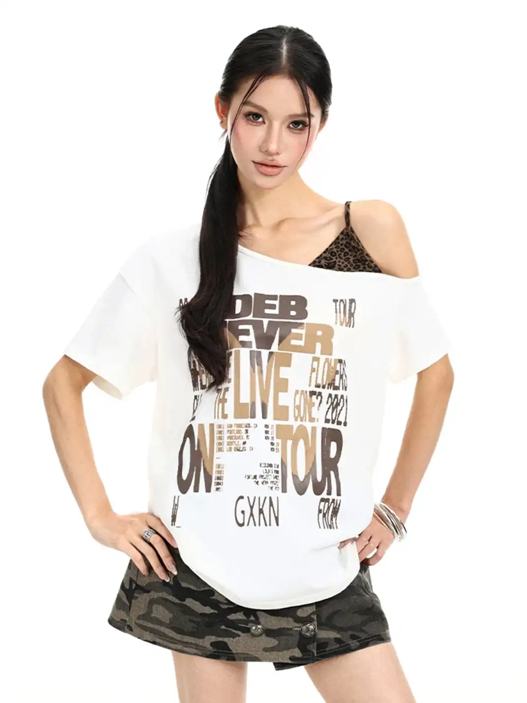 BIGGOLD | Leopard Print Cami One Shoulder Fake Two-Piece Short Sleeve T-Shirt